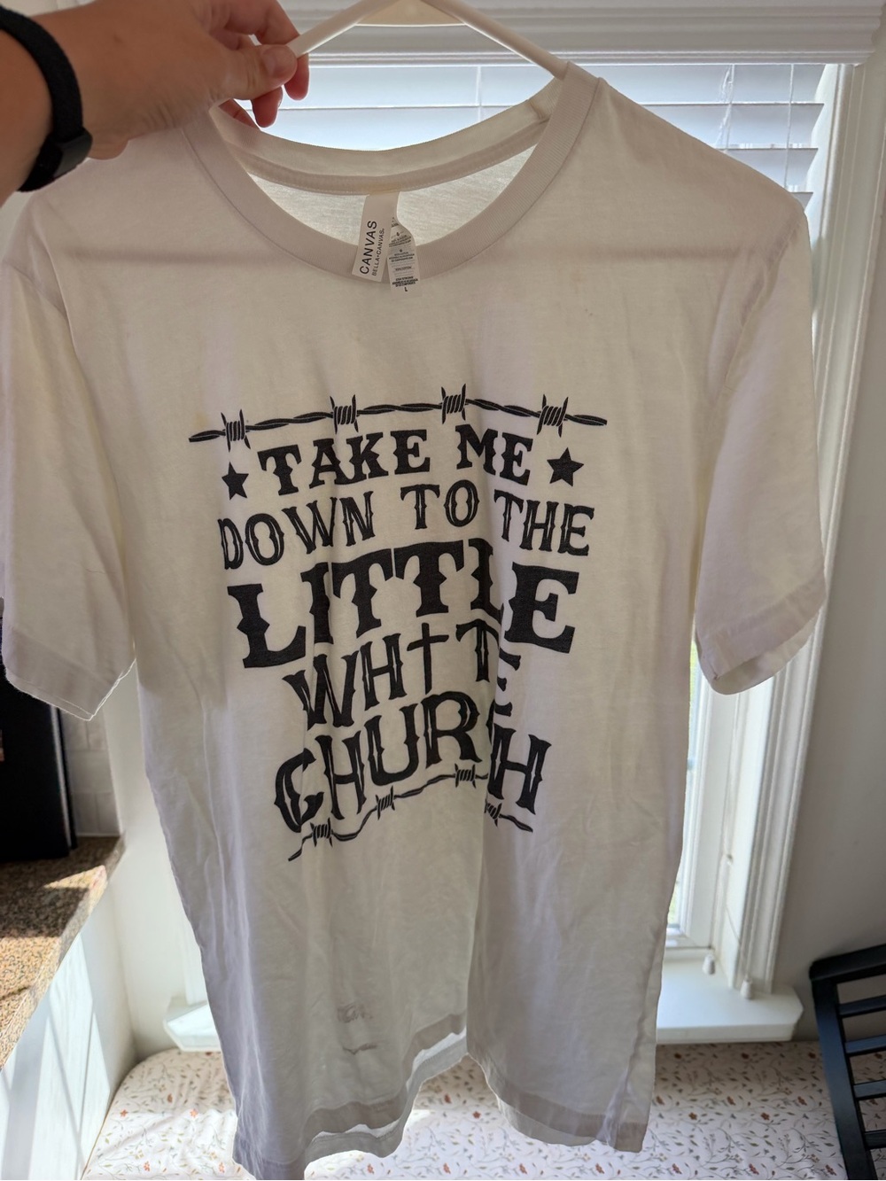 White Graphic Kids T‑Shirt with 'Take Me Down to the Little White Church' Print